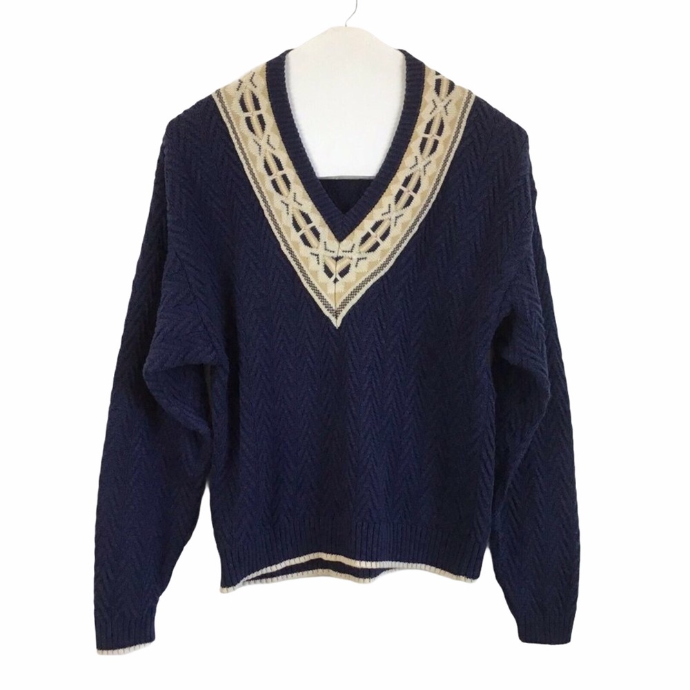 Vintage Ruff Hewn L Navy V Neck Pullover Cotton Sweater Chunky Knit